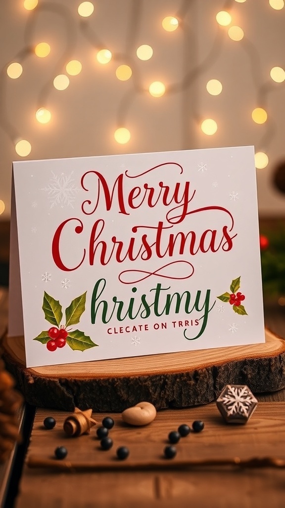 Festive Christmas Card Typography Ideas A festive Christmas card with elegant typography, featuring red and gold colors, snowflakes, and holly leaves.